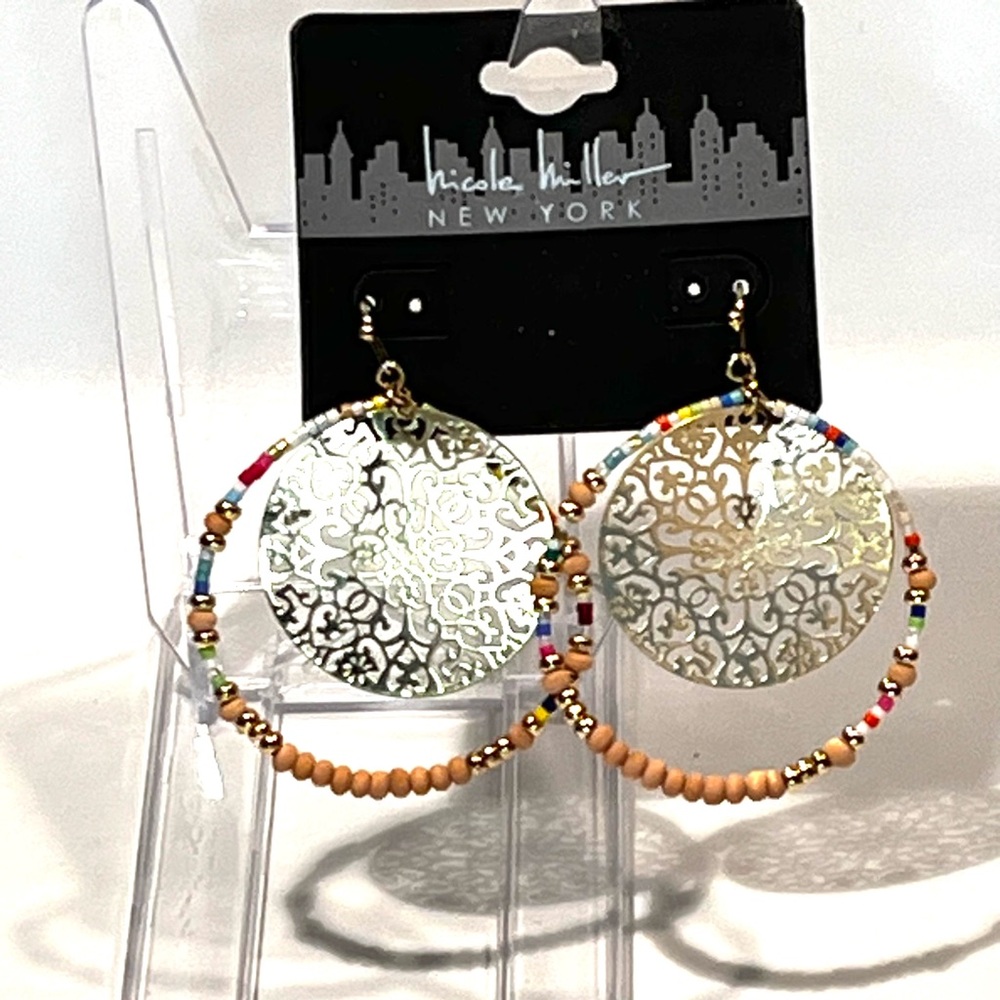 Designer Gold with Multicolor Beaded Hoop Earrings - Picture 4 of 14